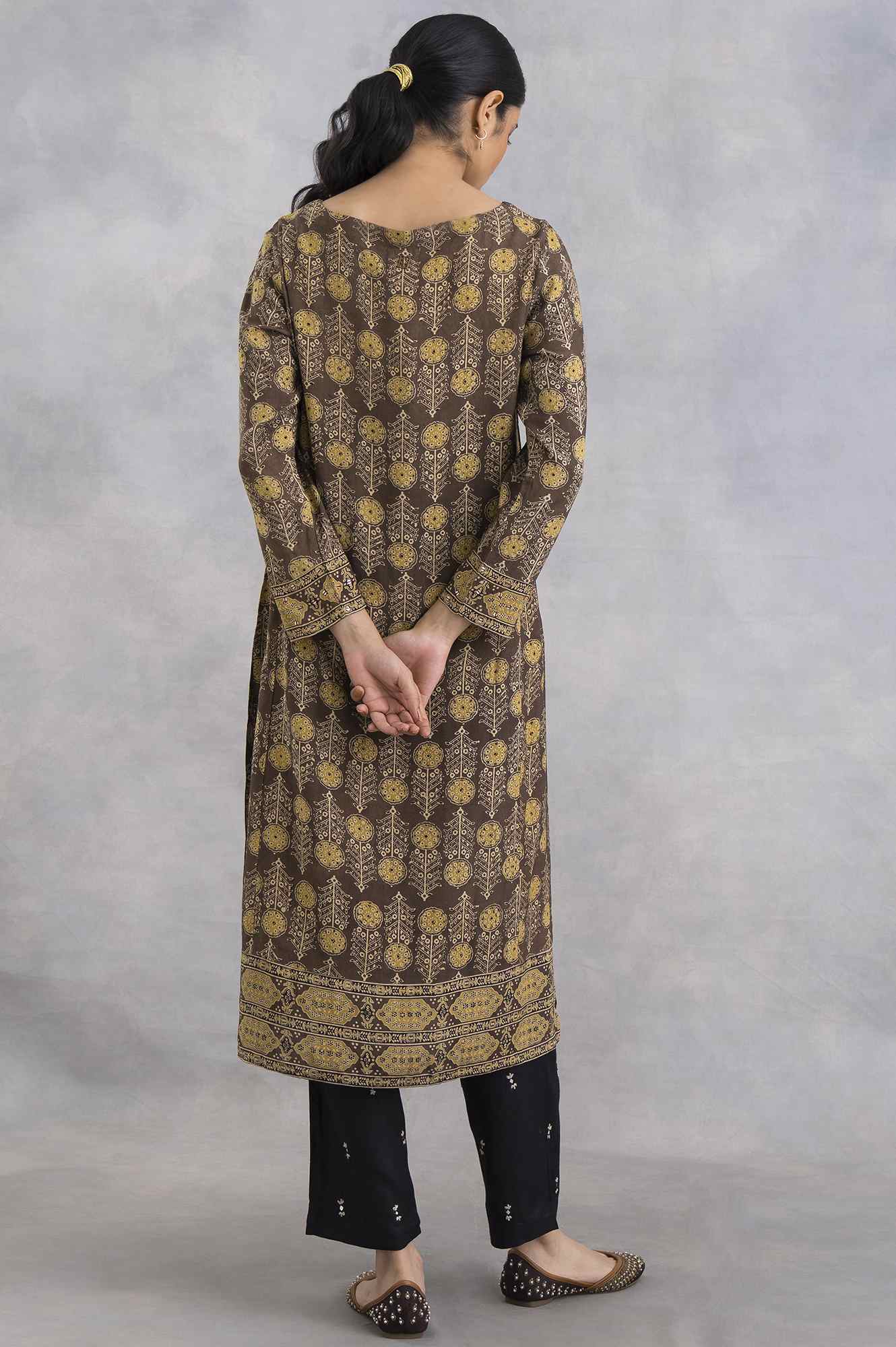 Light Taupe Ajrakh Print Satin kurta