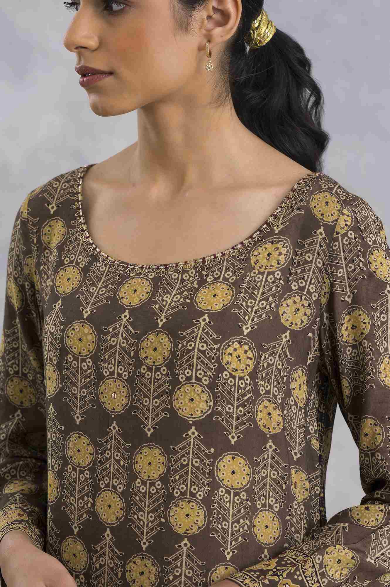 Light Taupe Ajrakh Print Satin kurta