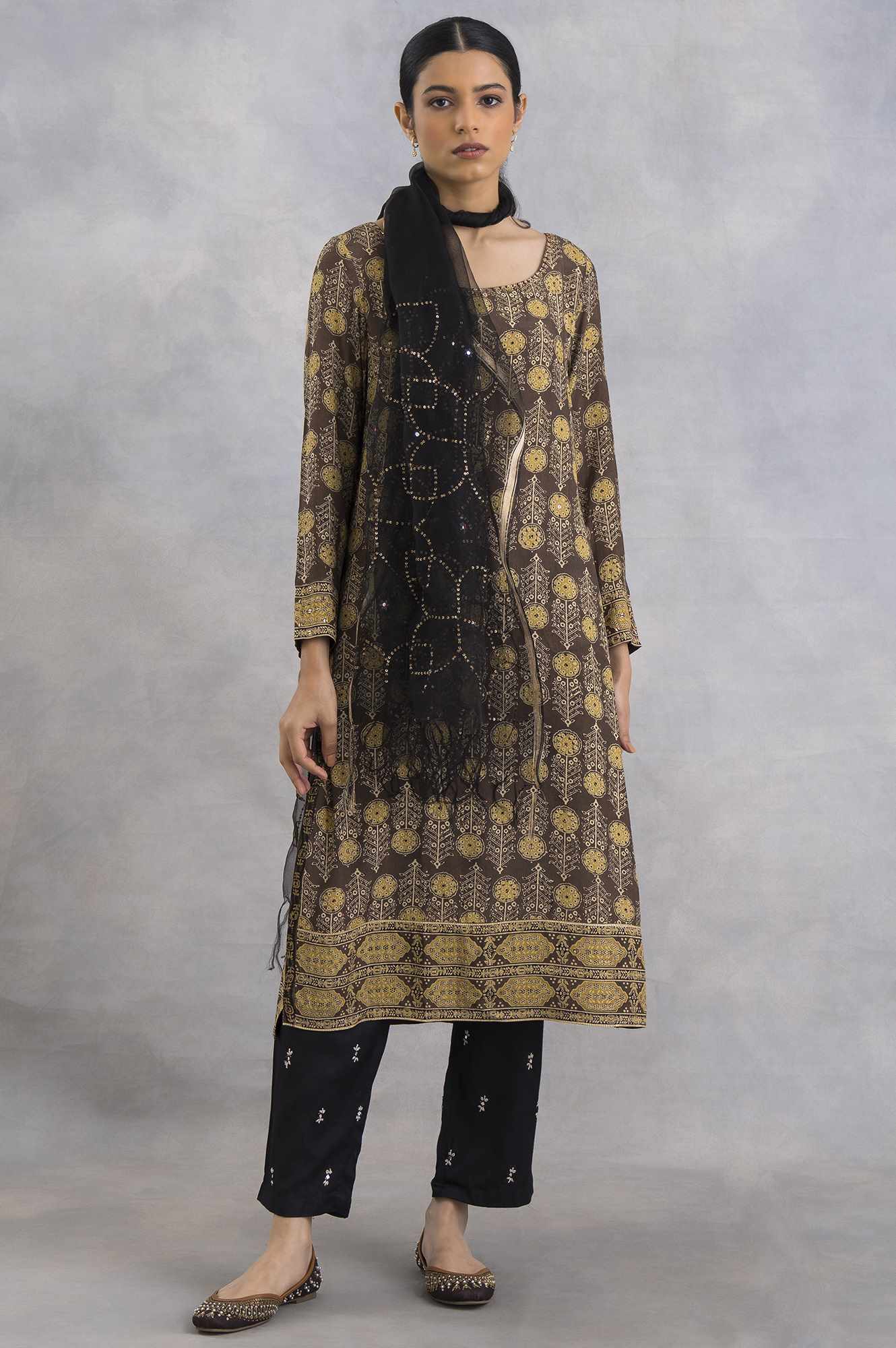 Light Taupe Ajrakh Print Satin kurta