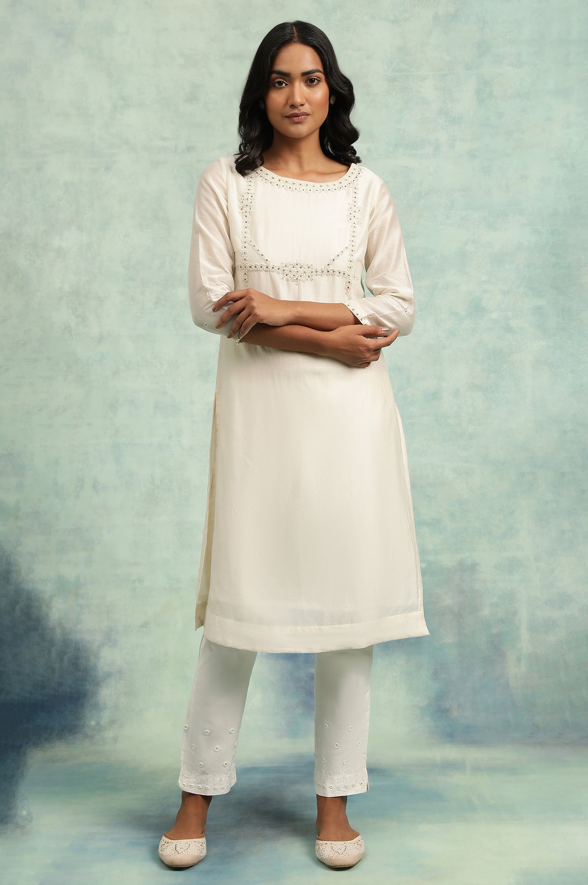 Ecru Bead Embroidered Cotton Silk kurta - XS