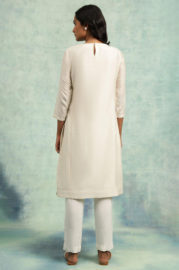 Ecru Bead Embroidered Cotton Silk kurta