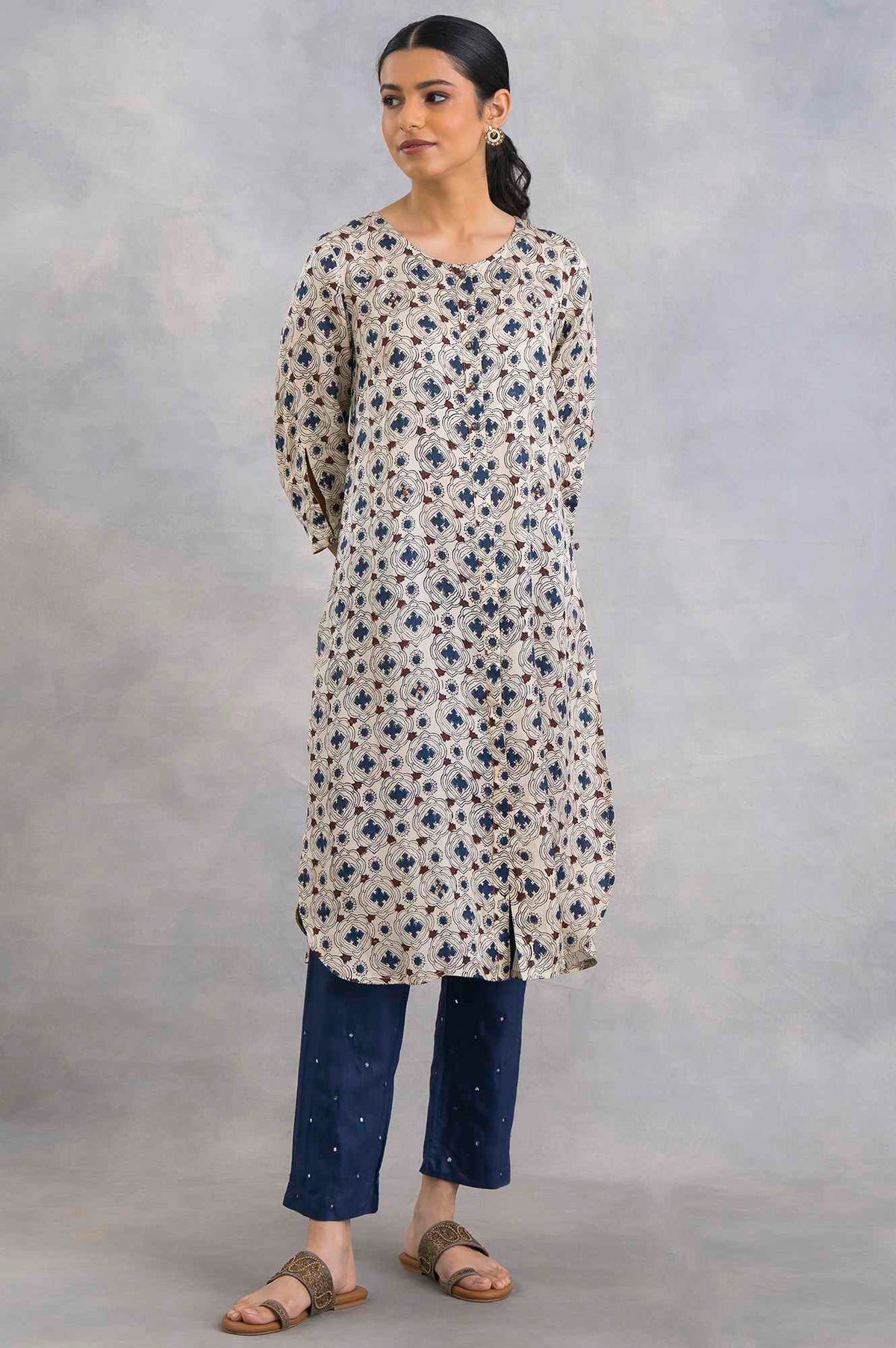 Mid-Length Hand Block Print Satin kurta - XS