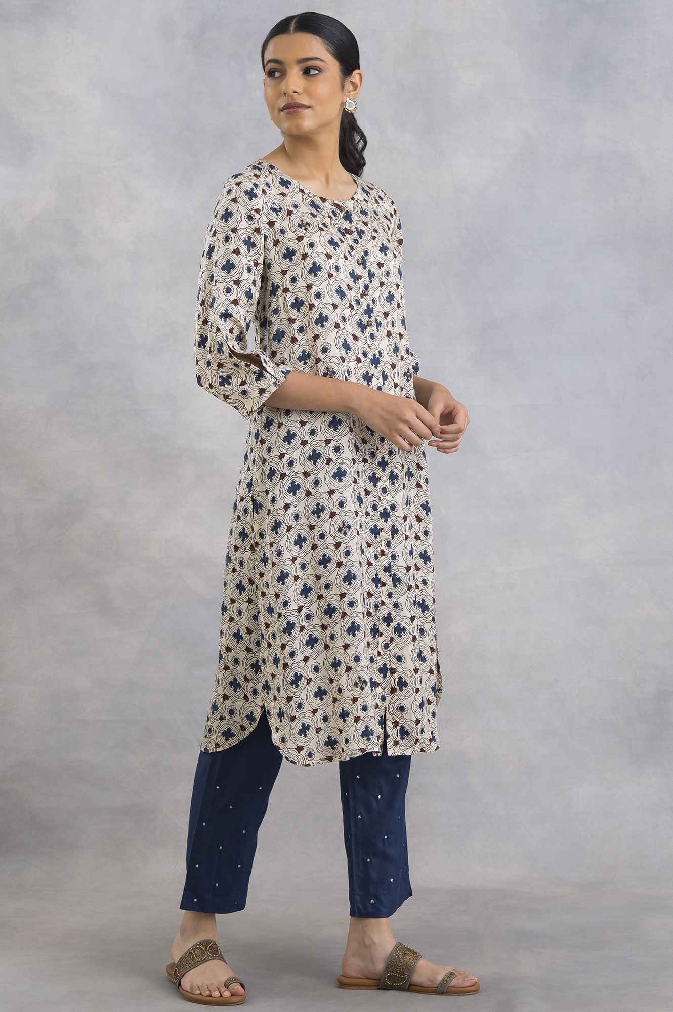 Mid-Length Hand Block Print Satin kurta