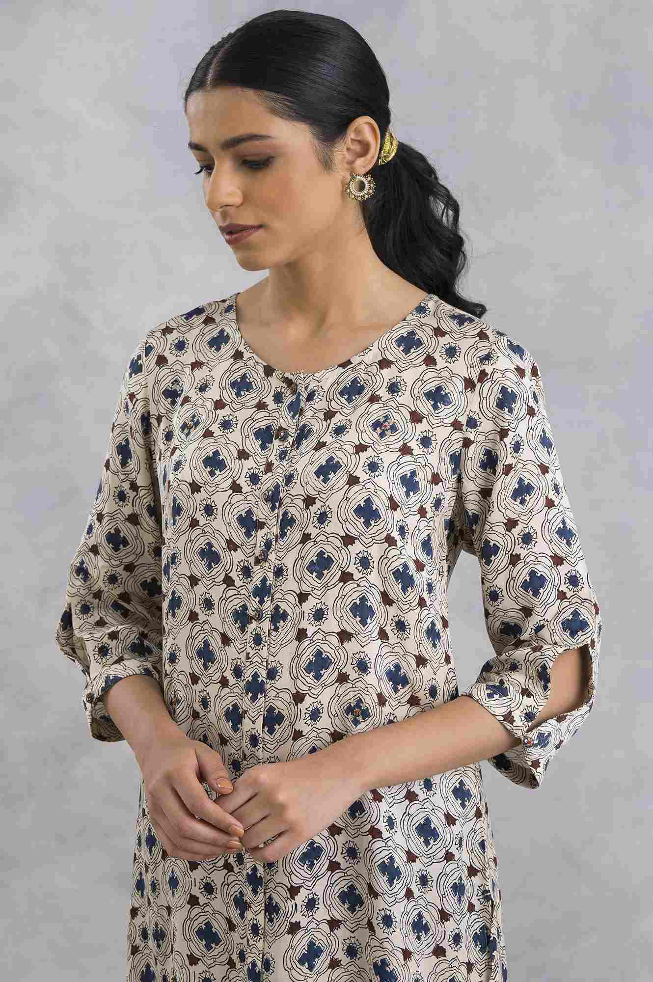 Mid-Length Hand Block Print Satin kurta