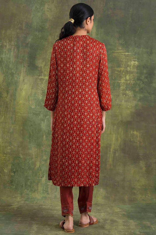 Brown Shirtdress In Ajrakh Print