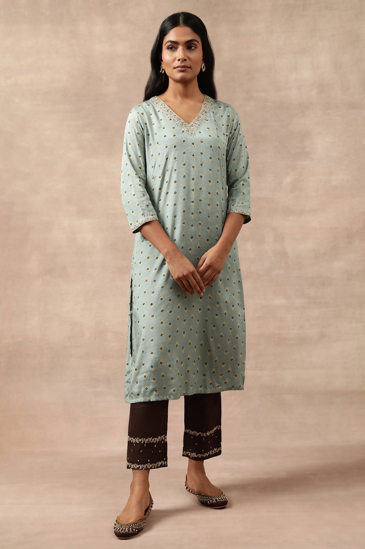 Teal Hand Block Print V-Neck kurta - XS