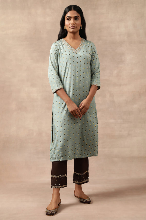 Teal Hand Block Print V-Neck kurta