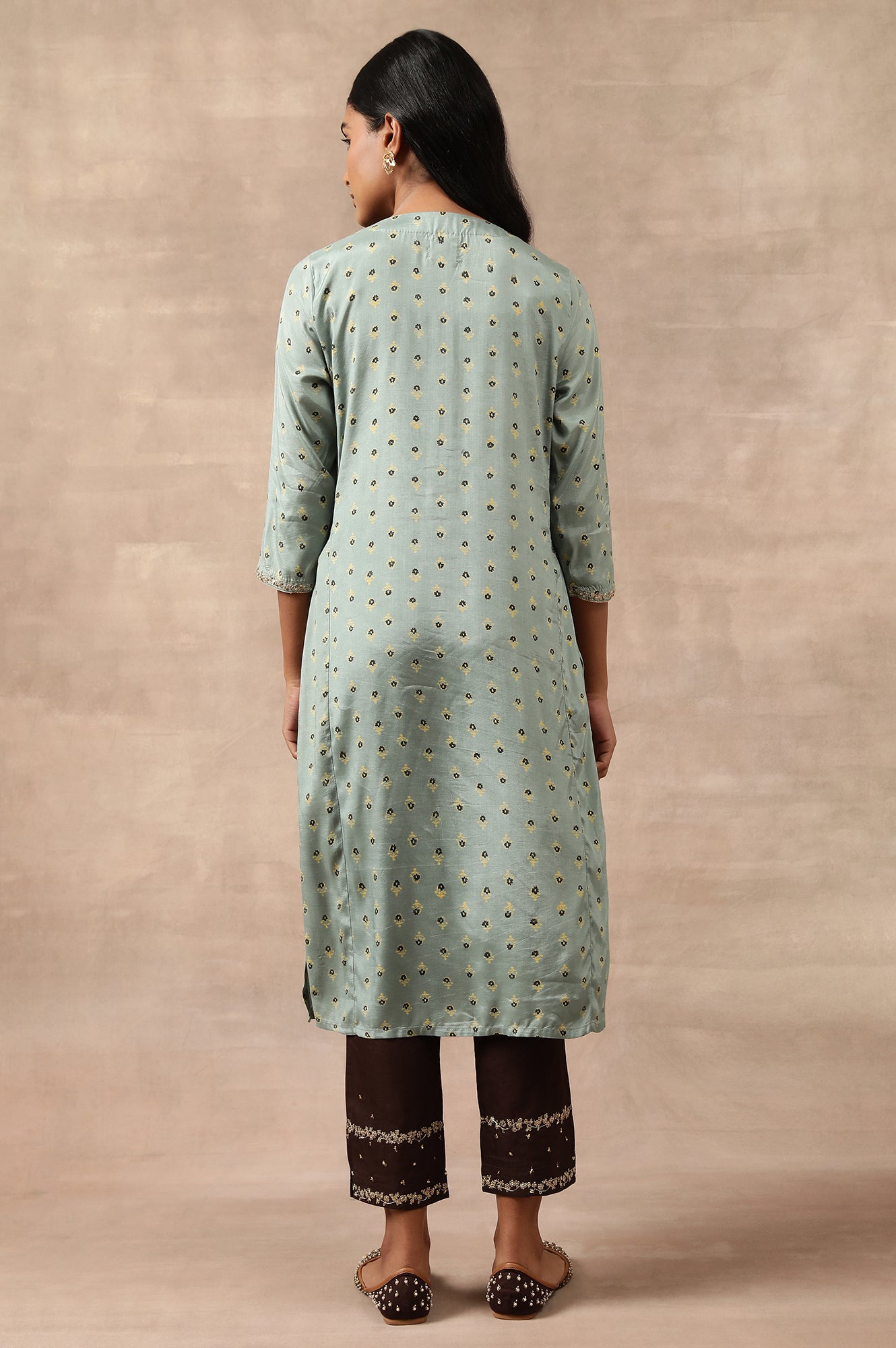 Teal Hand Block Print V-Neck kurta