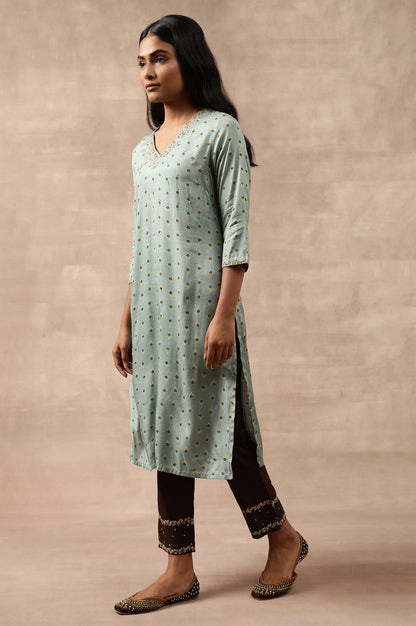 Teal Hand Block Print V-Neck kurta