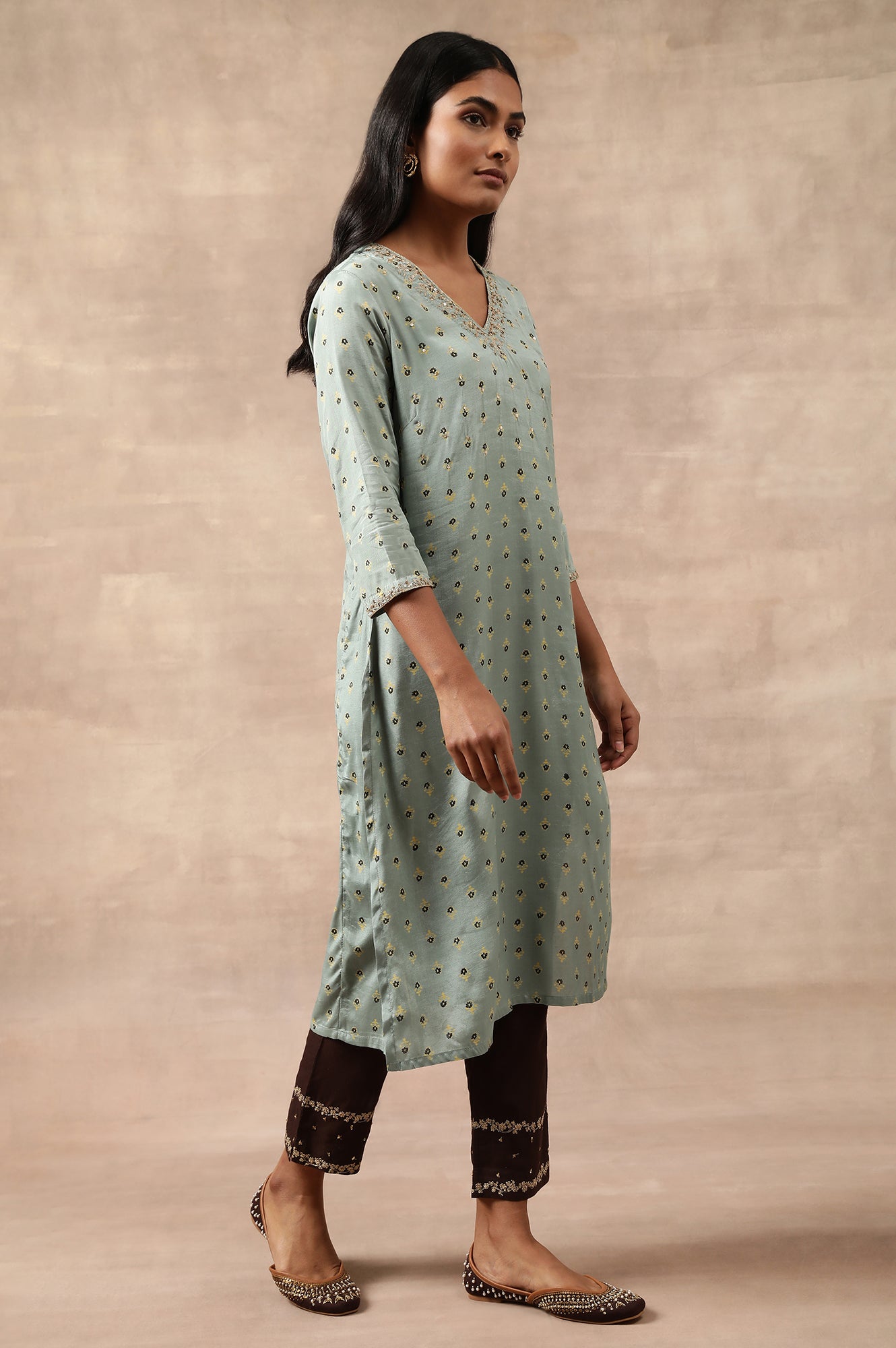 Teal Hand Block Print V-Neck kurta