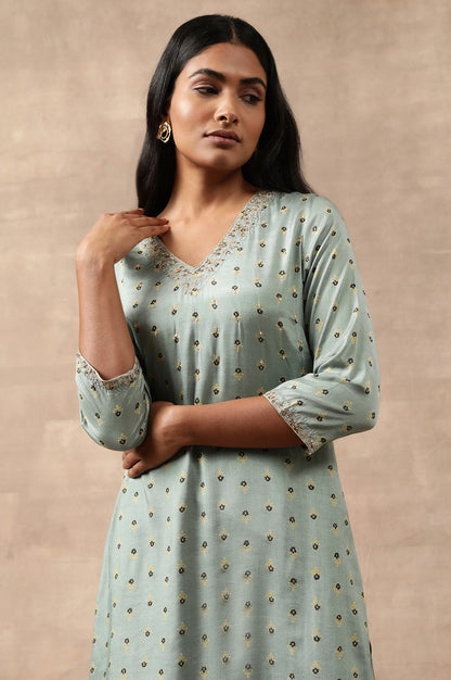 Teal Hand Block Print V-Neck kurta