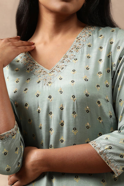 Teal Hand Block Print V-Neck kurta