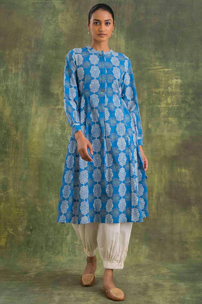 Blue Block Printed Flared kurta