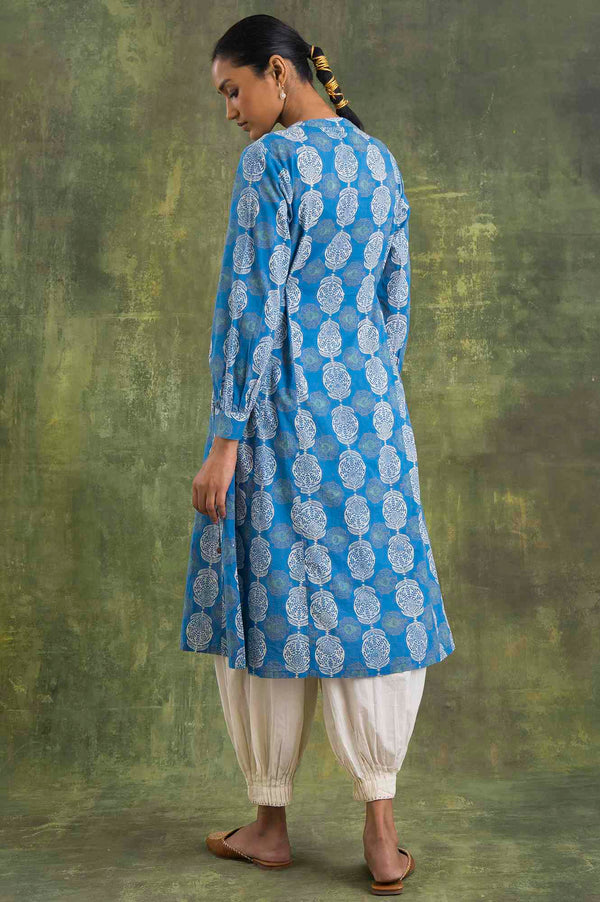 Blue Block Printed Flared kurta