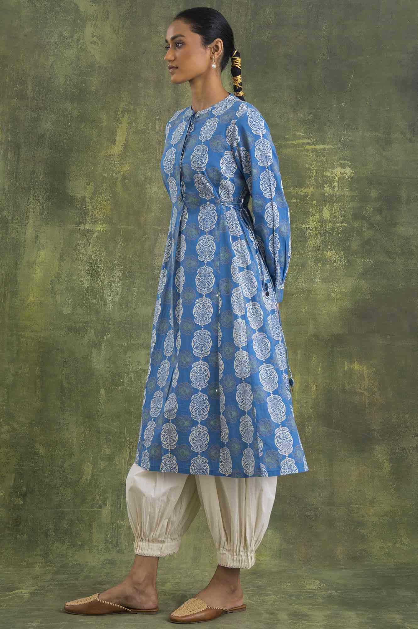 Blue Block Printed Flared kurta