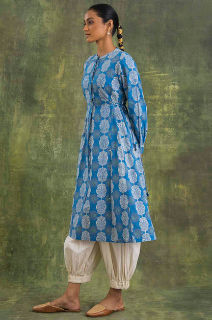 Blue Block Printed Flared kurta