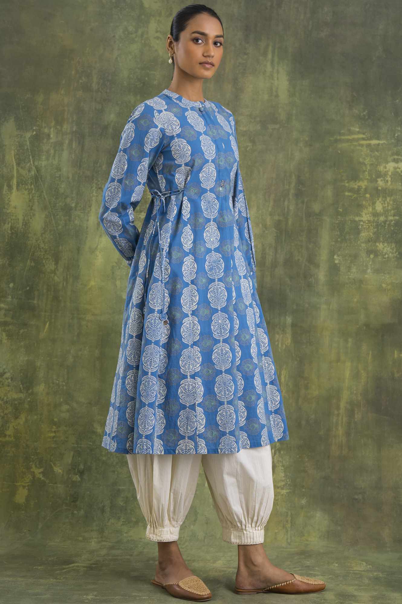 Blue Block Printed Flared kurta