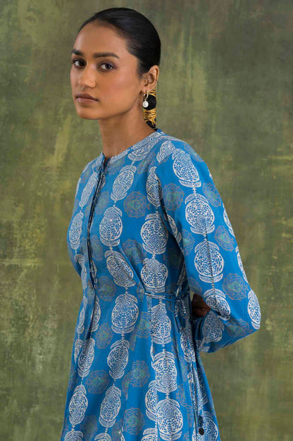 Blue Block Printed Flared kurta