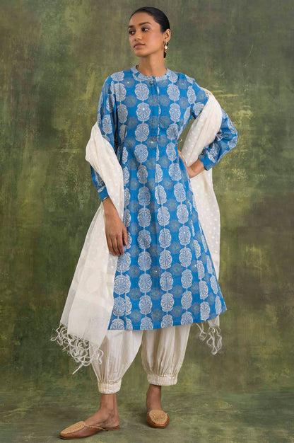 Blue Block Printed Flared kurta