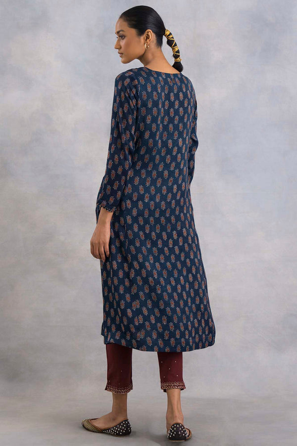 Indigo Ajrakh Print V-Neck kurta