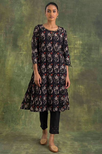Dark Brown Hand Block Print Slub kurta
