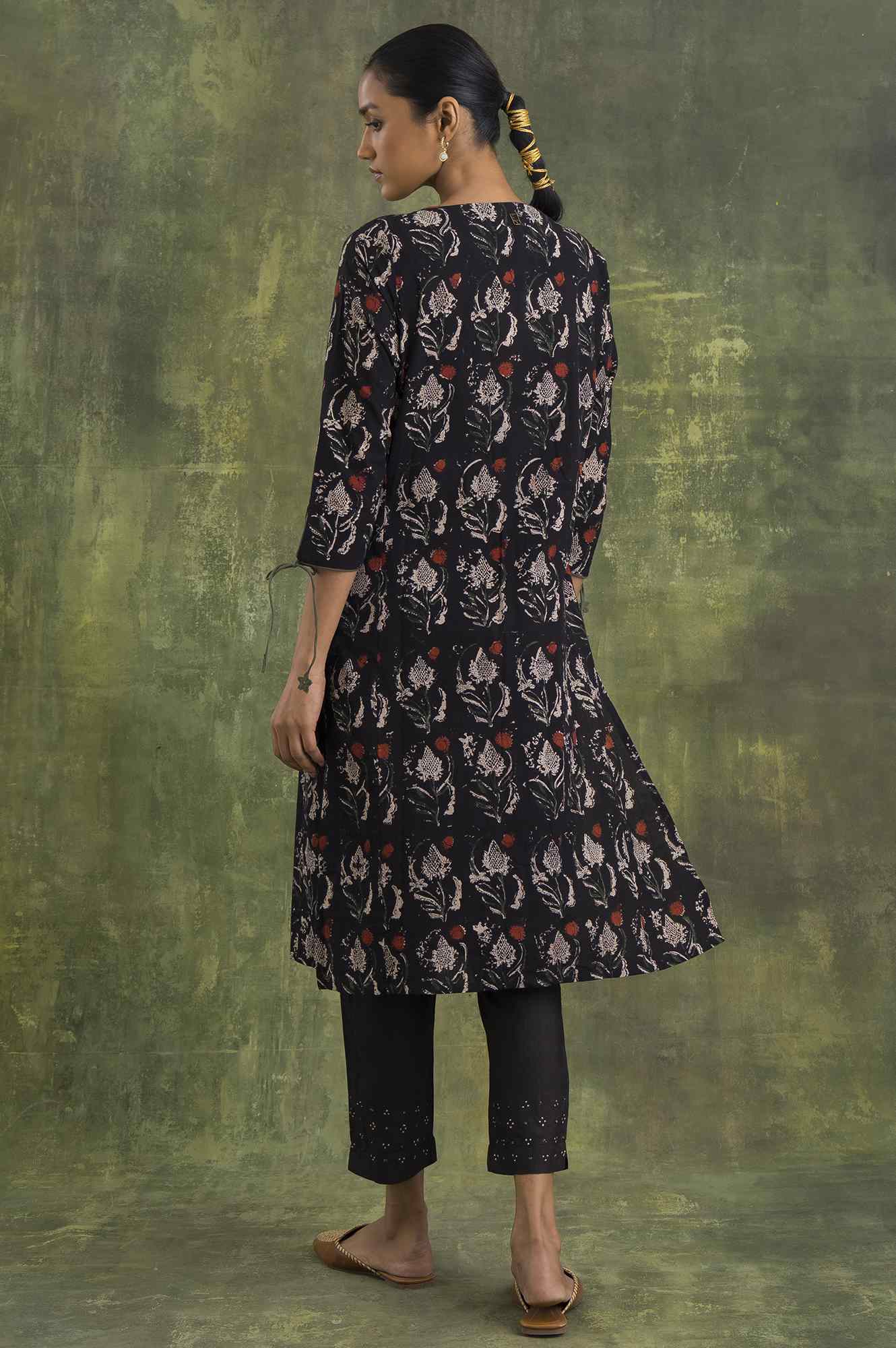 Dark Brown Hand Block Print Slub kurta