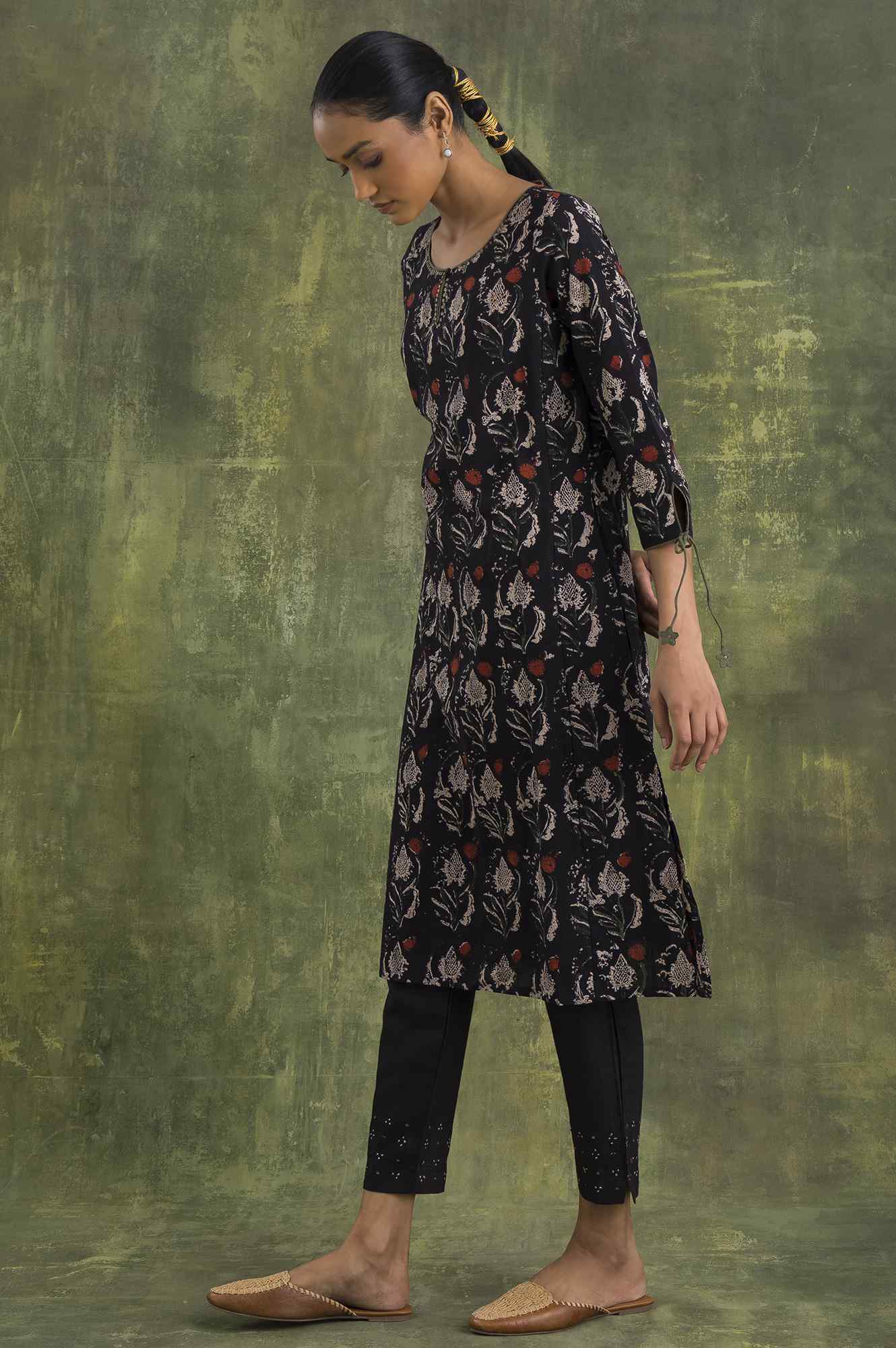 Dark Brown Hand Block Print Slub kurta