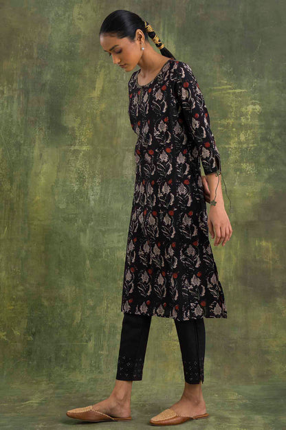 Dark Brown Hand Block Print Slub kurta