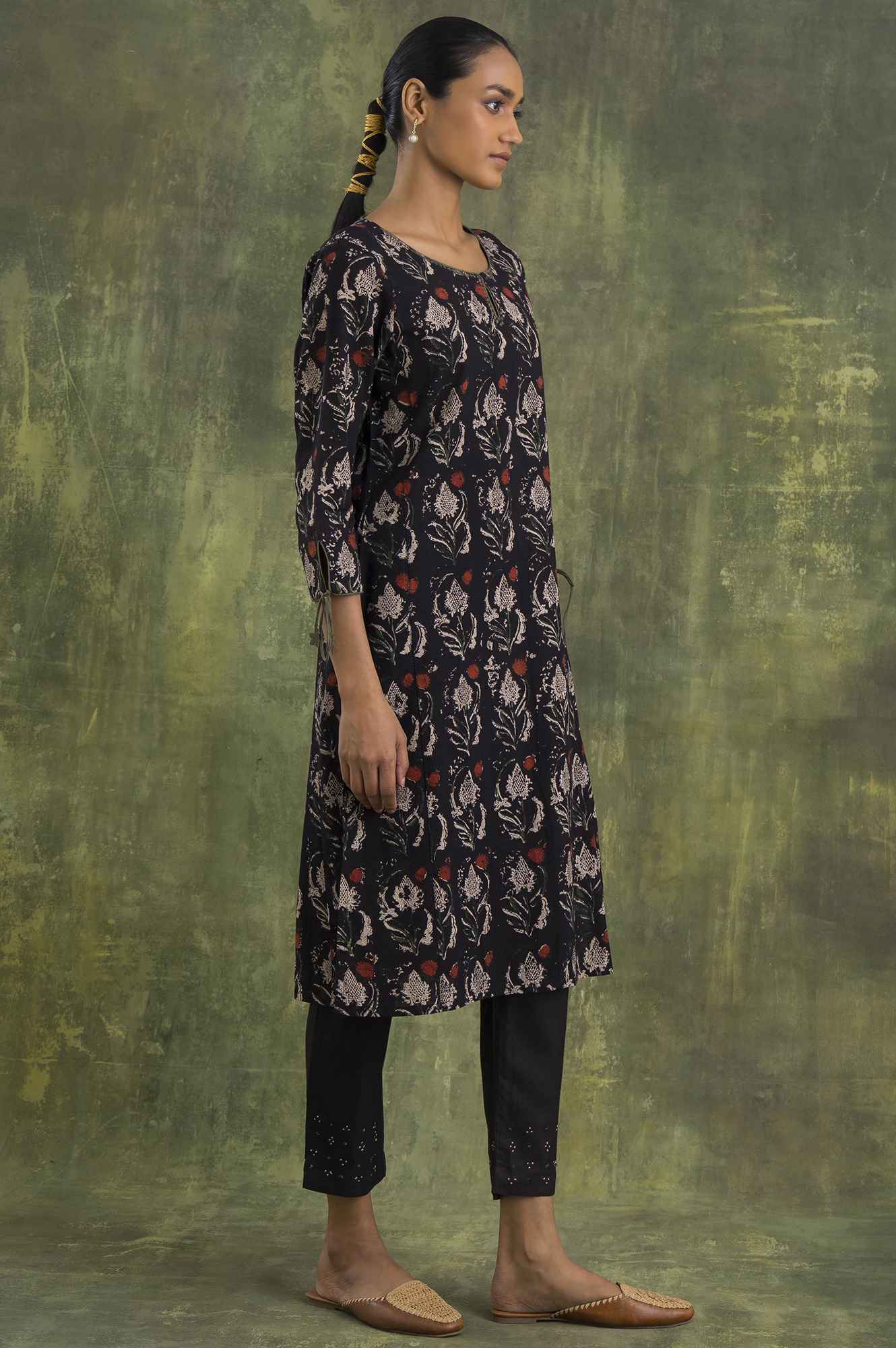 Dark Brown Hand Block Print Slub kurta