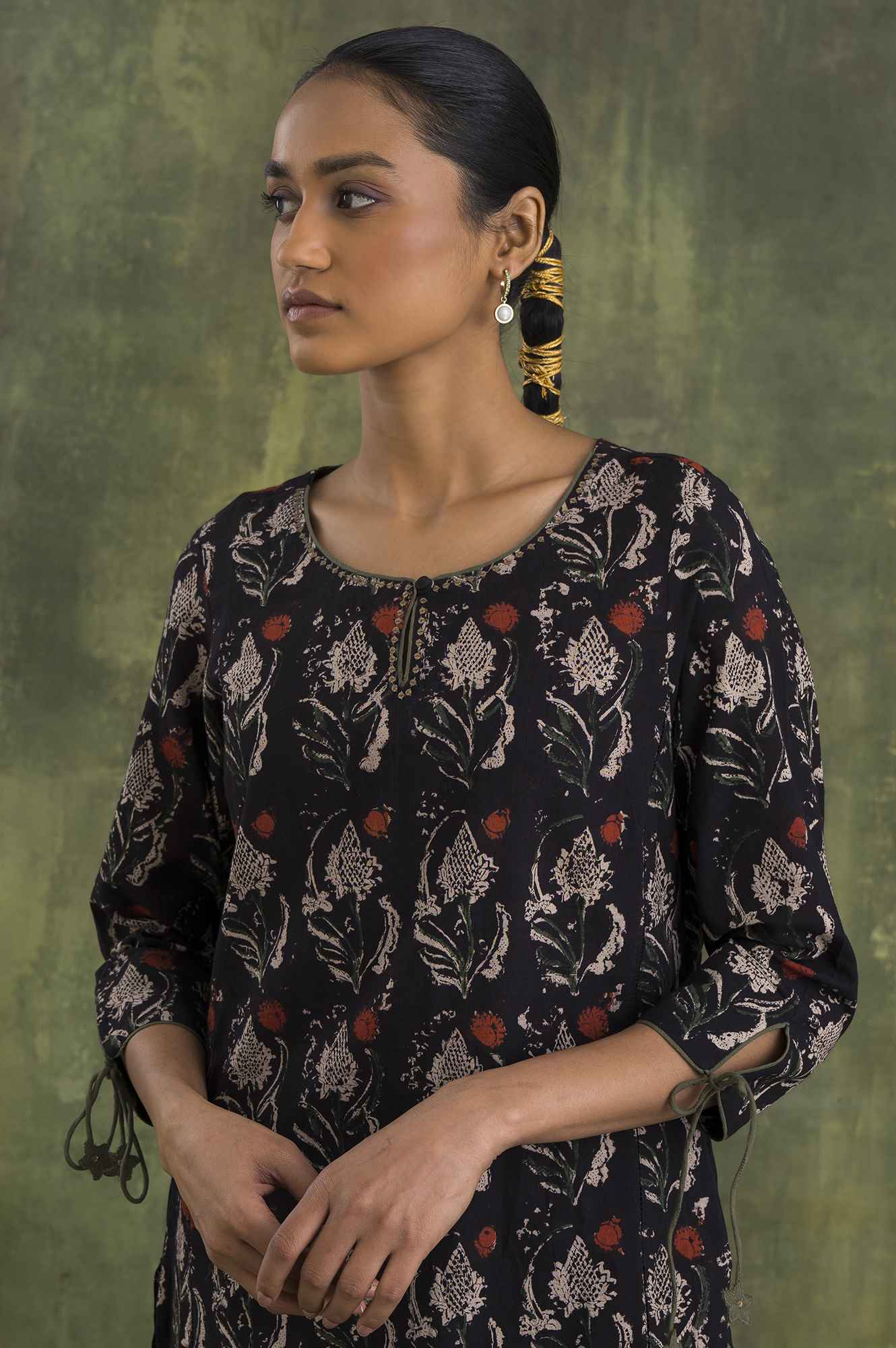 Dark Brown Hand Block Print Slub kurta