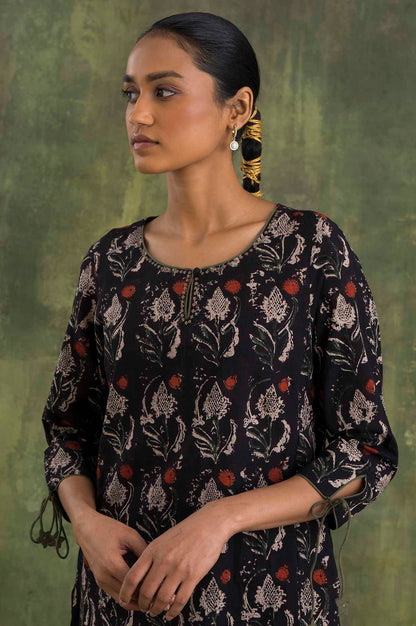 Dark Brown Hand Block Print Slub kurta
