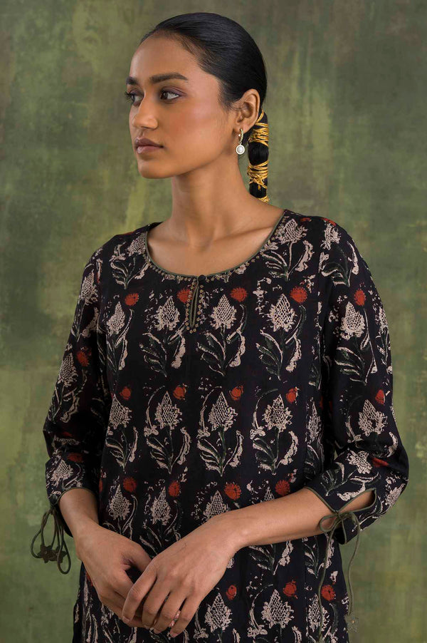 Dark Brown Hand Block Print Slub kurta