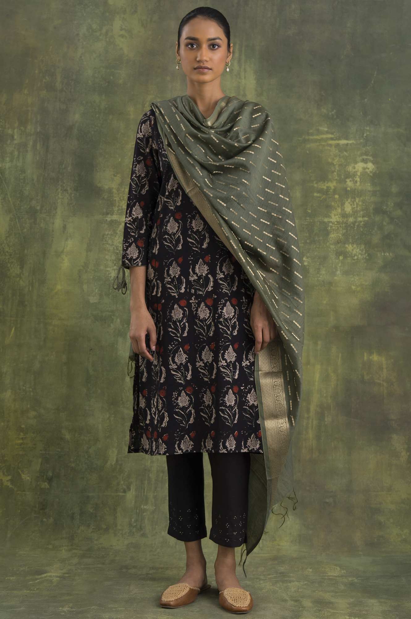 Dark Brown Hand Block Print Slub kurta