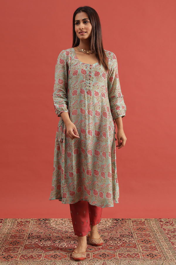 Mint Green Flared Kurta In Lyocell