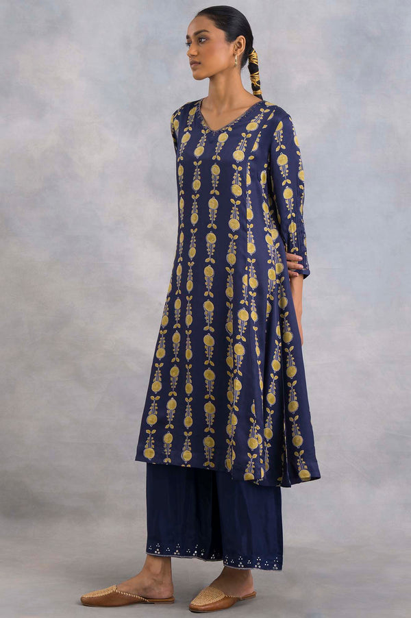 Purple Hand Block Print Lustrous Satin kurta
