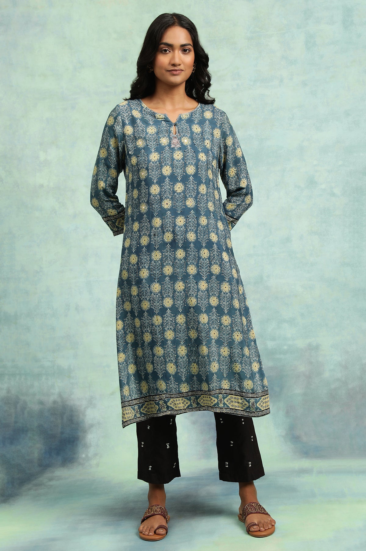 Teal Blue Ajrakh Print kurta - XS