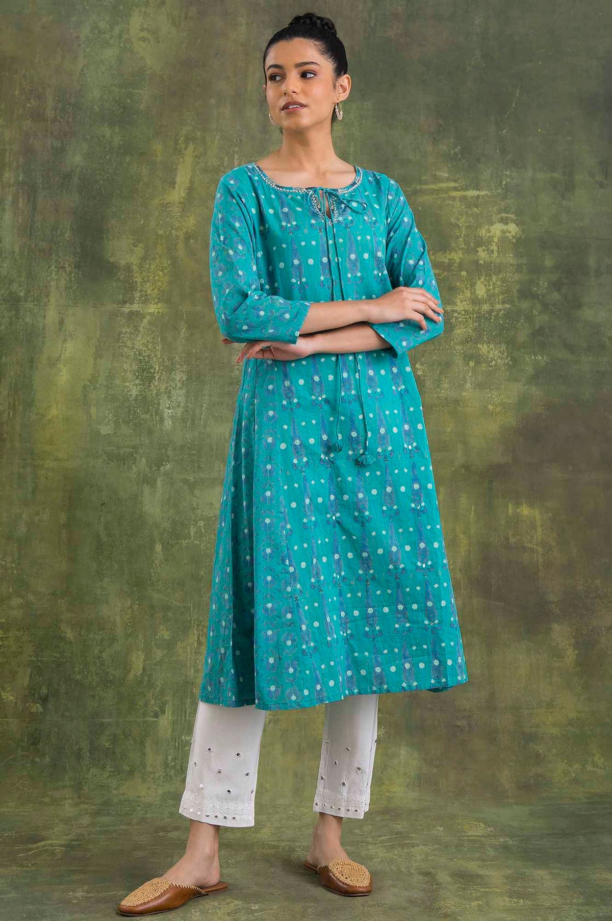 Teal Hand Block Print Cotton kurta - XS