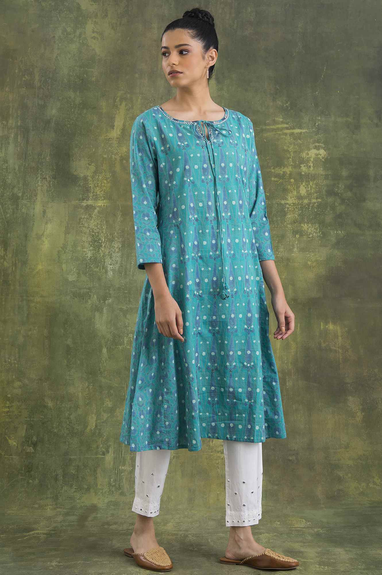 Teal Hand Block Print Cotton kurta