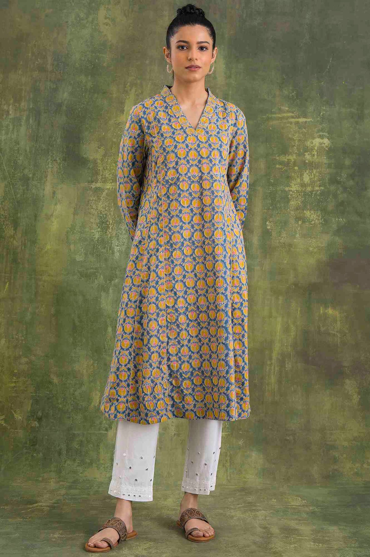 Blue Hand Block Print A-Line kurta - XS