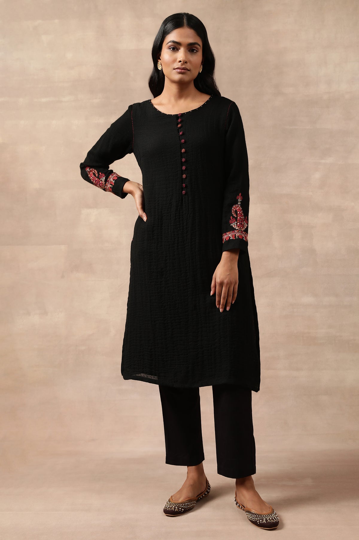 Black Woollen Embroidered kurta - XS
