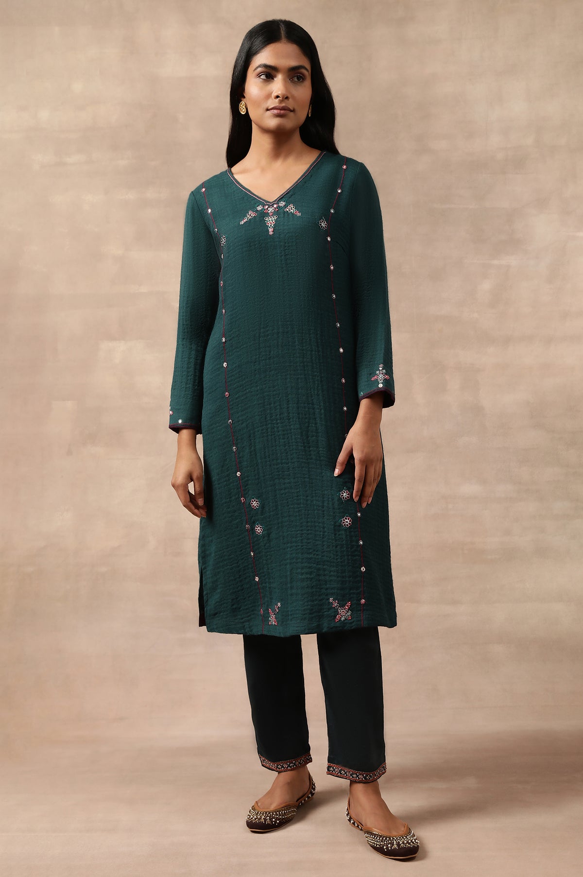 Teal Woollen Embroidered kurta - XS