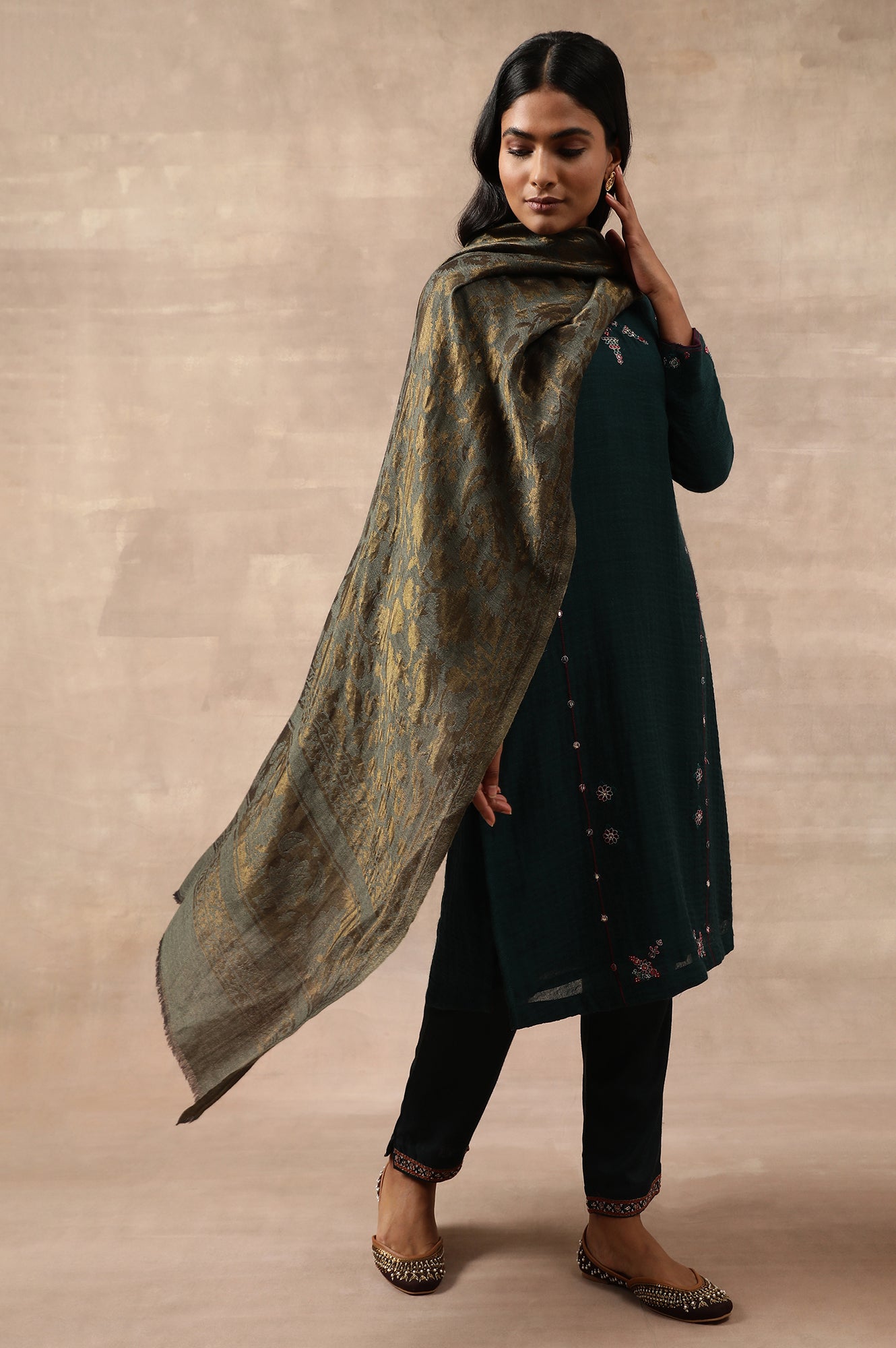 Teal Woollen Embroidered kurta
