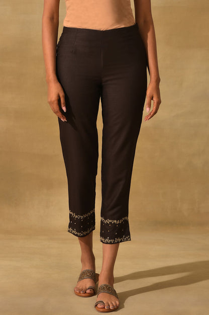 Brown Embroidered Viscose Silk Tussar Slim Pants