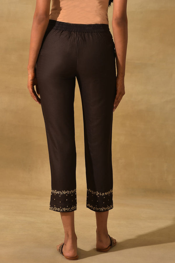 Brown Embroidered Viscose Silk Tussar Slim Pants