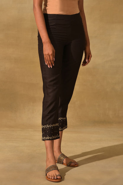 Brown Embroidered Viscose Silk Tussar Slim Pants