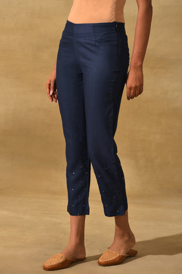 Dark Blue Solid Slim Pants