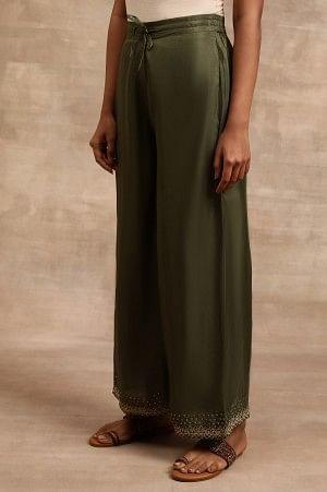 Olive Green Solid Parallel Pants - wforwoman