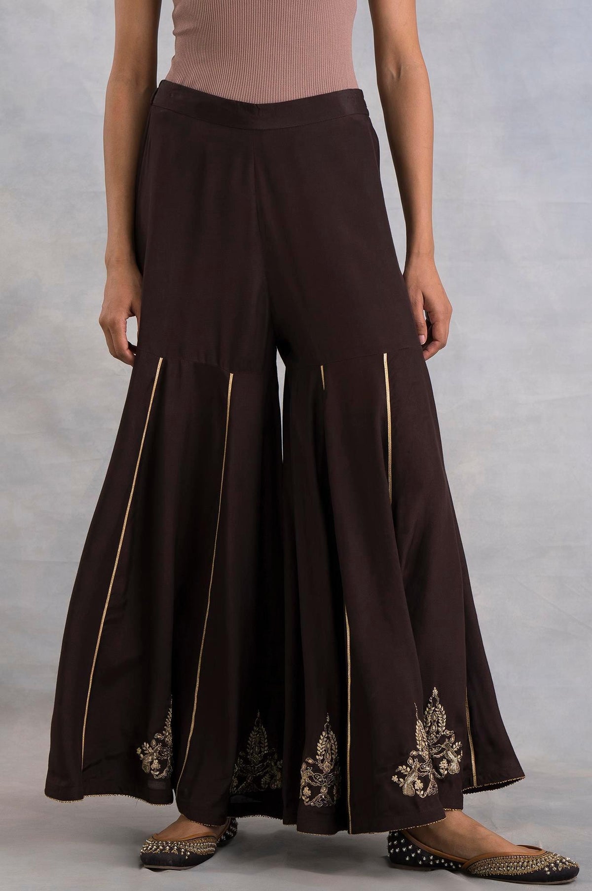 Dark Brown Sharara With Embroidery - S