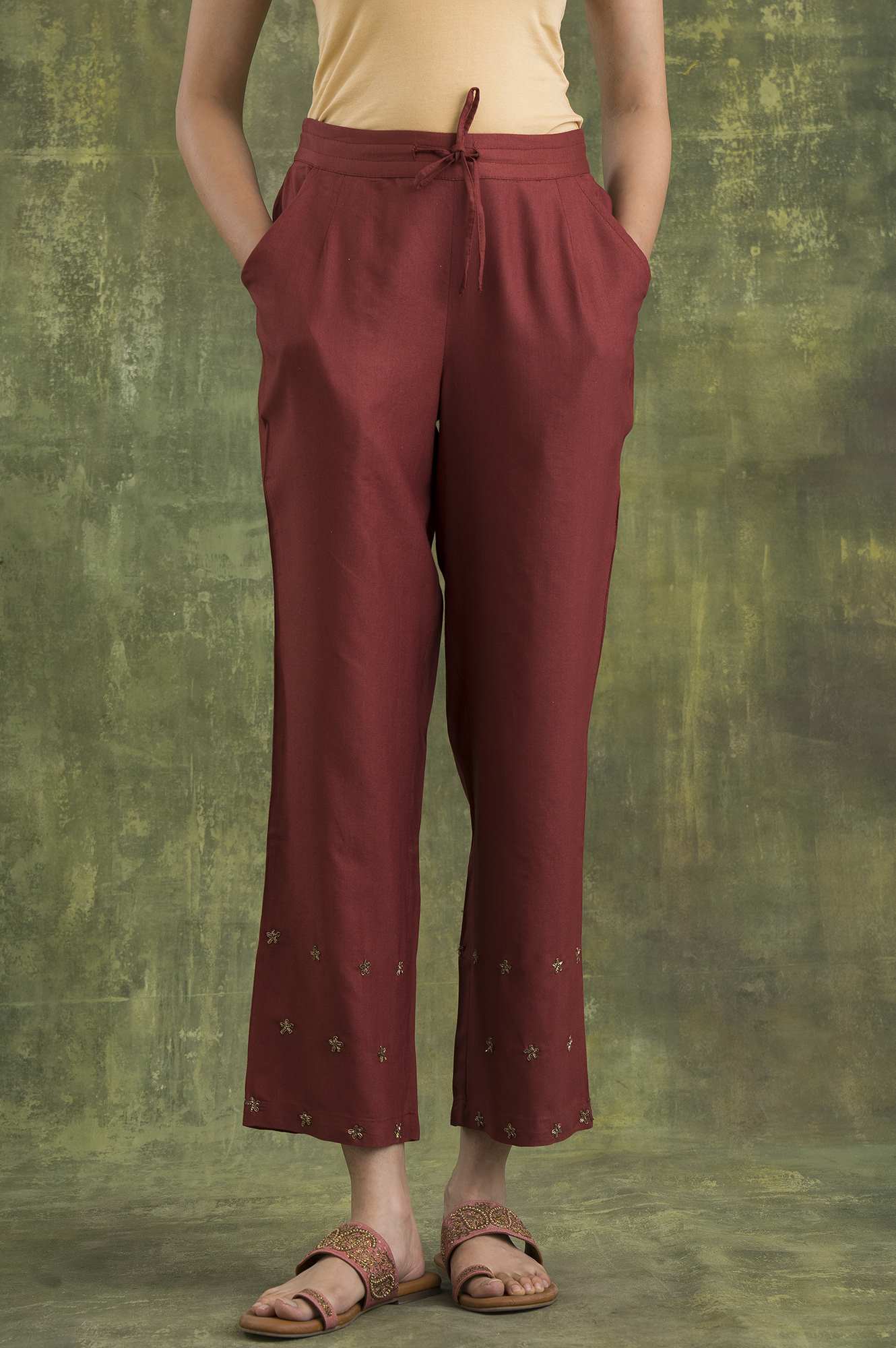 Pink Solid Embroidered Straight Silk Pant