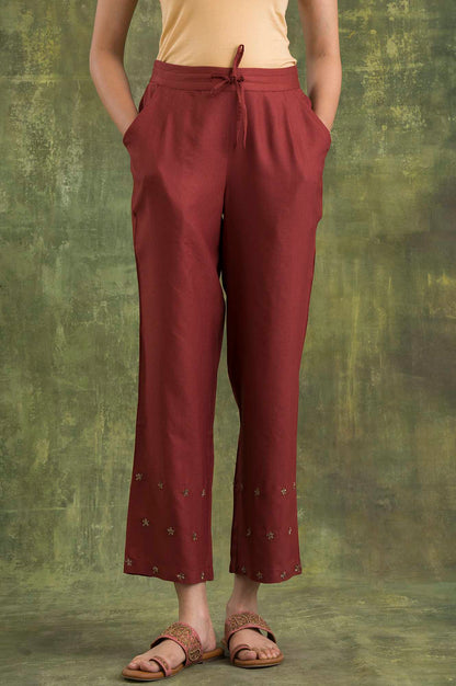 Pink Solid Embroidered Straight Silk Pant
